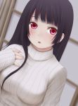  1girl bangs black_hair blunt_bangs blush commentary_request enma_ai hand_on_own_chest hime_cut jigoku_shoujo kozue_akari long_hair looking_at_viewer nipples open_mouth red_eyes ribbed_sweater solo sweater upper_body white_sweater 