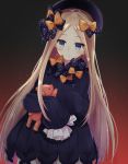  1girl abigail_williams_(fate/grand_order) amu_(mokopopo) bangs black_background black_bow black_dress black_hat blonde_hair bloomers blue_eyes bow butterfly closed_mouth dress eyebrows_visible_through_hair fate/grand_order fate_(series) forehead gradient gradient_background hair_bow hat highres long_hair long_sleeves looking_at_viewer object_hug orange_bow parted_bangs polka_dot polka_dot_bow red_background sleeves_past_wrists smile solo stuffed_animal stuffed_toy teddy_bear underwear very_long_hair white_bloomers 