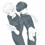  2boys back-to-back bowl_cut closed_mouth dress_shirt formal greyscale hanazawa_teruki hand_in_pocket kageyama_shigeo long_sleeves looking_at_another male_focus mob_psycho_100 monochrome multiple_boys necktie outstretched_hand parted_lips shirt short_hair smile very_short_hair 