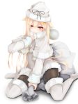  1girl alternate_costume black_legwear blonde_hair boots hair_flaps hat kantai_collection long_sleeves momin pantyhose red_eyes remodel_(kantai_collection) sack santa_boots santa_costume santa_hat simple_background solo thigh-highs thigh_boots white_background white_coat white_footwear white_hat white_santa_costume yuudachi_(kantai_collection) zettai_ryouiki 