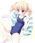  101_no_hyaku_monogatari 1girl absurdres bangs bare_legs bare_shoulders barefoot blonde_hair blush breasts collarbone drill_hair eyebrows_visible_through_hair fang green_eyes highres long_hair looking_at_viewer official_art one-piece_swimsuit open_mouth page_number ryouka_(suzuya) scan sitting small_breasts solo striped swimsuit towel vertical_stripes water wet 