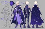  1boy armor belt cape character_sheet clenched_hand detached_sleeves english fate/grand_order fate_(series) full_body galahad_(fate) grey_background gurekan25 hair_over_one_eye male_focus simple_background twitter_username violet_eyes white_hair 
