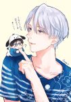  2boys ? animal_hat anne_(annene) black_hair blue-framed_eyewear blue_eyes blush_stickers cosplay dog_hat dog_tail glasses hat katsuki_yuuri male_focus miniboy multiple_boys pochacco pochacco_(cosplay) sanrio silver_hair tail translation_request viktor_nikiforov yuri!!!_on_ice 