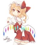  1girl artist_name ass blonde_hair bow commentary_request dated flandre_scarlet frills from_behind haruki_(colorful_macaron) hat hat_bow highres looking_at_viewer looking_back midriff_peek mob_cap petticoat puffy_short_sleeves puffy_sleeves red_bow red_eyes red_shirt red_skirt shirt short_sleeves side_ponytail signature simple_background skirt smile thigh-highs touhou translation_request white_background white_bow white_legwear wings wrist_cuffs zettai_ryouiki 