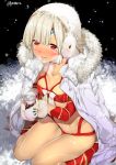  1girl altera_(fate) altera_the_santa bangs blush can coat commentary_request dark_skin detached_sleeves earmuffs fate/grand_order fate_(series) fur_trim gintarou_(kurousagi108) holding jacket_on_shoulders mittens navel open_mouth red_choker red_eyes short_hair sitting smile snow solo veil wariza white_hair 