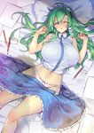  1girl ahoge blue_skirt blush breasts commentary_request frog_hair_ornament green_hair groin hair_ornament hair_tubes hairband highres huge_breasts kochiya_sanae koikawa_minoru long_hair lying navel nontraditional_miko on_back panties paper parted_lips pencil pillow pink_panties shirt skirt skirt_pull sleeping sleeveless sleeveless_shirt snake_hair_ornament solo stomach touhou underwear white_shirt 