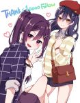  2girls bag bangs beret blue_hair blush commentary_request hair_between_eyes hair_ornament hairclip handbag hat heart legs_crossed long_hair looking_at_viewer love_live! love_live!_school_idol_project love_live!_sunshine!! matsuura_kanan multiple_girls plaid ponytail purin_(purin0) purple_hair simple_background sitting skirt smile sonoda_umi standing striped violet_eyes watch watch white_background 