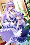  2girls apron azur_lane bangs belchan_(azur_lane) belfast_(azur_lane) blue_eyes blush braid breasts chains choker cleavage closed_mouth collar collarbone commentary_request corset day dress dress_lift dual_persona dust_particles eyebrows_visible_through_hair french_braid frilled_gloves frilled_sleeves frills gauntlets gloves hair_between_eyes highres indoors large_breasts light_particles long_hair looking_at_viewer maid maid_headdress multiple_girls one_side_up open_mouth sidelocks silver_hair smile sunlight swordsouls tied_hair white_gloves window younger 