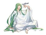  1boy :d amg_(nwmnmllf) androgynous arm_support barefoot bird bird_on_hand commentary_request enkidu_(fate/strange_fake) eyebrows_visible_through_hair fate/grand_order fate/strange_fake fate_(series) green_eyes green_hair hand_up long_hair long_sleeves male_focus open_mouth robe signature simple_background sitting smile solo toenails very_long_hair white_background white_robe 