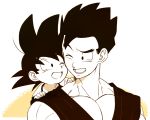  2boys ;d black_eyes black_hair brothers cheek-to-cheek dragon_ball dragonball_z looking_at_another looking_back male_focus monochrome multiple_boys one_eye_closed open_mouth petagon short_hair siblings smile son_gohan son_goten spiky_hair 
