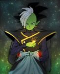  2boys back-to-back back_turned black_hair dragon_ball dragon_ball_super earrings egyptian_clothes gokuu_black green_skin grey_eyes jewelry long_sleeves looking_down male_focus mohawk multiple_boys official_style out_of_frame petagon pointy_ears ring smile spiky_hair star starry_background white_hair zamasu 