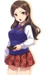  1girl blush breasts brown_eyes brown_hair cellphone commentary_request dan_(orange_train) idolmaster idolmaster_million_live! kitazawa_shiho long_hair looking_at_viewer medium_breasts open_mouth phone plaid plaid_skirt school_uniform skirt smartphone solo sweater_vest 