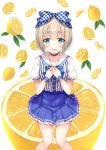  1girl bangs blue_bow blue_choker blue_neckwear blue_skirt blush bow bowtie collarbone commentary_request dress_shirt eyebrows_visible_through_hair food frilled_skirt frills fruit hair_between_eyes hair_bow hands_on_own_chest harimoji highres knees_together_feet_apart lemon light_brown_hair looking_at_viewer original parted_lips plaid plaid_bow pleated_skirt puffy_short_sleeves puffy_sleeves shirt short_hair short_sleeves simple_background sitting skirt smile solo striped_neckwear white_background white_shirt wrist_cuffs 