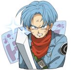  1boy blue_eyes blue_hair dirty dirty_clothes dragon_ball dragon_ball_super fighting_stance jacket kerchief looking_at_viewer male_focus official_style petagon serious short_hair simple_background sweatdrop sword trunks_(dragon_ball) weapon white_background 
