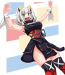  1girl :d armpits black_legwear blue_eyes blush breasts breath cleavage highres kaguya_luna kaguya_luna_(character) looking_at_viewer open_mouth sash silver_hair sleeveless smile solo teeth thigh-highs twintails yaruku 