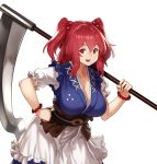  1girl :d apron bangs blush bracelet breasts cleavage cowboy_shot frilled_sleeves frills hair_bobbles hair_ornament hand_on_own_chest holding holding_weapon houtengeki jewelry large_breasts leaning_forward looking_at_viewer medium_hair obi onozuka_komachi open_mouth over_shoulder pearl_bracelet red_eyes redhead sash scythe short_sleeves sidelocks smile solo standing tareme touhou two_side_up weapon white_apron 