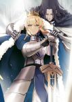  1boy 1girl ahoge armor armored_dress artoria_pendragon_(all) backlighting bangs berserker_(fate/zero) blonde_hair blue_cape blue_dress breastplate cape closed_eyes closed_mouth cowboy_shot dress dressing excalibur fate/grand_order fate/zero fate_(series) faulds floating_hair fur-trimmed_cape fur_trim gauntlets head_down juliet_sleeves lancelot_(fate/zero) light_particles long_hair long_sleeves looking_at_viewer own_hands_together parted_bangs puffy_sleeves reroi saber serious short_hair sidelocks standing tsurime v-shaped_eyebrows wavy_hair wind 