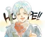  1boy blue_hair closed_eyes dragon_ball dragon_ball_super dragonball_z jacket kerchief male_focus official_style open_mouth petagon short_hair simple_background smile sword tears text trunks_(dragon_ball) weapon white_background 