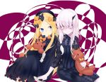  2girls abigail_williams_(fate/grand_order) albino bangs black_bow black_dress black_hat blonde_hair blue_eyes blush bow bowtie commentary_request dress fate/grand_order fate_(series) grin hair_bow hand_holding hands_in_sleeves hat holding holding_stuffed_animal horn lavinia_whateley_(fate/grand_order) long_sleeves looking_at_another moguru0808 multiple_girls orange_bow pale_skin pink_eyes polka_dot polka_dot_bow ribbed_dress sitting sleeves_past_wrists smile stuffed_animal stuffed_toy teddy_bear white_hair yellow_bow 