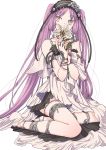  1girl bangs bare_shoulders black_hairband collarbone covered_mouth dress euryale eyebrows_visible_through_hair fate/grand_order fate_(series) fingernails flower frilled_hairband grey_eyes hairband head_tilt highres holding holding_flower jewelry long_hair looking_at_viewer maru_(memoriatechnica) purple_hair simple_background sitting solo toenails twintails very_long_hair white_background white_dress white_flower yokozuwari 