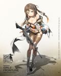  1girl anmi assault_rifle blush boots breasts brown_eyes brown_hair cleavage collarbone cross-laced_footwear fingerless_gloves full_body girls_frontline gloves gun hair_ornament hairclip highres jacket k-2_(girls_frontline) knee_boots lace-up_boots logo long_hair medium_breasts navel off_shoulder official_art open_clothes open_jacket open_mouth panties panties_under_pantyhose pantyhose rifle scar shadow simple_background standing torn_clothes torn_pantyhose underwear weapon 