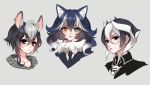  3girls animal_ears black_eyes black_hair character_request chino_machiko color_connection copyright_request crossover ear_piercing fur_collar grey_background grey_wolf_(kemono_friends) hair_between_eyes hair_color_connection hair_ornament hairclip heterochromia kemono_friends long_hair looking_at_viewer made_in_abyss multicolored_hair multiple_girls necktie ozen piercing short_hair simple_background smile streaked_hair two-tone_hair violet_eyes white_hair wolf_ears yellow_eyes 