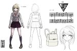  1girl ahoge akamatsu_kaede backpack bag bangs beamed_quavers blonde_hair character_sheet concept_art dangan_ronpa full_body highres kneehighs komatsuzaki_rui long_hair looking_at_viewer musical_note musical_note_hair_ornament necktie new_dangan_ronpa_v3 official_art parted_bangs pleated_skirt purple_legwear quaver randoseru reference_sheet school_uniform shirt simple_background skirt smile staff_(music) sweater_vest translation_request violet_eyes white_background white_shirt 