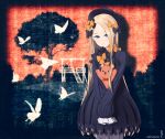  1girl abigail_williams_(fate/grand_order) absurdres bangs black_bow black_dress black_hat blonde_hair bloomers blue_eyes blush bow butterfly closed_mouth commentary_request dated dress fate/grand_order fate_(series) hair_bow hat highres long_hair long_sleeves looking_at_viewer noose object_hug orange_bow parted_bangs polka_dot polka_dot_bow red_sky signature sky sleeves_past_wrists solo stairs stuffed_animal stuffed_toy teddy_bear tree underwear very_long_hair white_bloomers wokitayuu_ichirou 