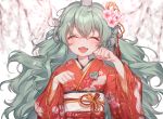  1girl alternate_costume bangs closed_eyes facing_viewer fang floral_print flower green_hair hair_flower hair_ornament hajin hands_up horn japanese_clothes kimono komano_aun long_hair obi open_mouth paw_pose red_kimono sash smile solo spring_(season) tassel touhou upper_body very_long_hair wide_sleeves 