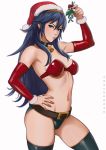  1girl belt bikini blue_eyes blue_hair blush christmas dandon_fuga detached_sleeves fire_emblem fire_emblem:_kakusei fur_trim hat long_hair lucina mistletoe navel santa_hat simple_background solo stomach swimsuit tiara white_background 