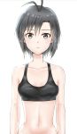  1girl antenna_hair arms_at_sides asymmetrical_bangs bangs bare_arms bare_shoulders black_bra black_hair blue_eyes blush bottomless bra breasts cleavage collarbone groin highres idolmaster idolmaster_(classic) idolmaster_2 kikuchi_makoto looking_at_viewer mogskg navel out-of-frame_censoring parted_lips short_hair simple_background small_breasts stomach tareme under-rim_eyewear underwear upper_body white_background 