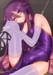 1girl bare_shoulders breasts china_dress chinese_clothes dress elbow_gloves glasses gloves halterneck highres kyuusui_gakari leg_hug long_hair looking_at_viewer original pelvic_curtain purple_hair shiny side_slit sitting small_breasts solo thigh-highs violet_eyes 
