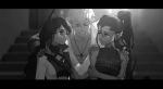  1boy 2girls animal_ears blake_belladonna cat_ears closed_eyes dishwasher1910 highres ilia_amitola jewelry monochrome multiple_girls necklace open_clothes open_shirt ponytail rwby shirt spots sun_wukong_(rwby) 