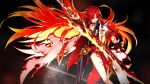  1girl :d artist_request asymmetrical_clothes belt black_background black_neckwear choker cropped_legs elesis_(elsword) elsword gloves hair_over_one_eye highres holding holding_sword holding_weapon long_hair looking_to_the_side official_art open_mouth red_eyes redhead single_pantsleg skin_tight smile solo sword tattoo weapon white_coat 