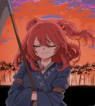  1girl alien_(psr992) bangs closed_eyes closed_mouth coin commentary_request eyebrows_visible_through_hair hair_between_eyes hair_bobbles hair_ornament hands_in_sleeves holding onozuka_komachi outdoors red_sky redhead scythe sidelocks sky solo touhou tree twintails upper_body 