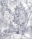  bow cat city contemporary graphite_(medium) hair_bow hands high_heels highres long_hair looking_back mikan_box monochrome parasol purple ribbon sakino_shingetsu shoes sketch smirk touhou traditional_media umbrella walking yakumo_yukari 