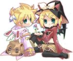 backpack bag bat_wings belt blonde_hair blue_eyes blush bow bunny_ears cat_ears earrings feathers hair_ornament hairclip hat hekicha jewelry kagamine_len kagamine_rin midriff musical_note rabbit_ears short_hair siblings thigh-highs thighhighs twins vocaloid wings witch_hat 