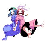  animal_ears anklet back-to-back back_to_back bad_id barefoot blue_eyes blue_hair brown_hair bunny_ears feet hair_bobbles hair_ornament hairclip hand_holding happy hat holding_hands inaba_tewi jewelry kawashiro_nitori multiple_girls rabbit_ears saya_(sayamendo) short_hair simple_background smile touhou twintails 