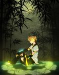  bamboo bamboo_forest blonde_hair closed_eyes detached_sleeves forest headphones kagamine_len male microphone moon nature necktie ponytail short_hair sitting solo unibouzu vocaloid 