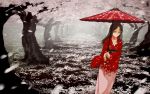  brown_hair cherry_blossoms highres japanese_clothes kimono long_hair mizu_asato oriental_umbrella original petals tree umbrella wallpaper 