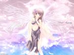  800x600 angel angel_mealiette blush brown_hair clouds feathers gundamzz heavenly_angel long_hair navel sky wallpaper wings 