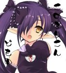  gloves hair_over_one_eye hair_ribbon long_hair open_mouth pointing pointy_ears purple_hair yellow_eyes 