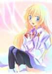  blonde_hair blue_eyes choker colette_brunel long_hair pantyhose shuragyoku_mami smile tales_of_(series) tales_of_symphonia thighhighs tomato 