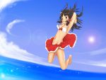  barefoot bikini black_eyes black_hair blush breasts cleavage hakurei_reimu ocean sarong skirt sky surprise swimsuit tokiwakinya touhou wardrobe_malfunction water white_bikini 