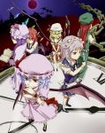  arms_behind_back bat_wings blonde_hair blue_eyes blue_hair book chain chains clock crossed_arms everyone flandre_scarlet hat head_wings headwings hong_meiling izayoi_sakuya knife koakuma kuroda_(artist) long_hair maid maid_headdress moon multiple_girls patchouli_knowledge purple_hair red_eyes red_hair red_moon redhead remilia_scarlet short_hair silver_hair smirk touhou wings 