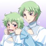  2boys anger_vein blush finger_in_mouth green_hair gundam gundam_00 hilling_care innovator kakara lowres multiple_boys purple_eyes ribbons_almark short_hair siblings violet_eyes 