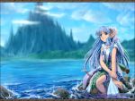  blue_eyes blue_hair bow_(weapon) elf game long_hair mountain pointy_ears quiver sitting tagme water ys_the_ark_of_napishtim 