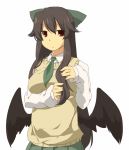  1girl black_hair bow breasts contemporary eiri_(eirri) expressionless long_hair long_sleeves low_wings necktie playing_with_hair red_eyes reiuji_utsuho school_uniform simple_background skirt solo sweater_vest touhou white_background wings 