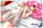  bed bed_gown blush hair_spread lying open_mouth pink_hair tagme thigh-highs violet_eyes 