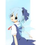  blue_eyes blue_hair bow cirno dress hair_bow ice kurot looking_back open_mouth solo touhou wings 
